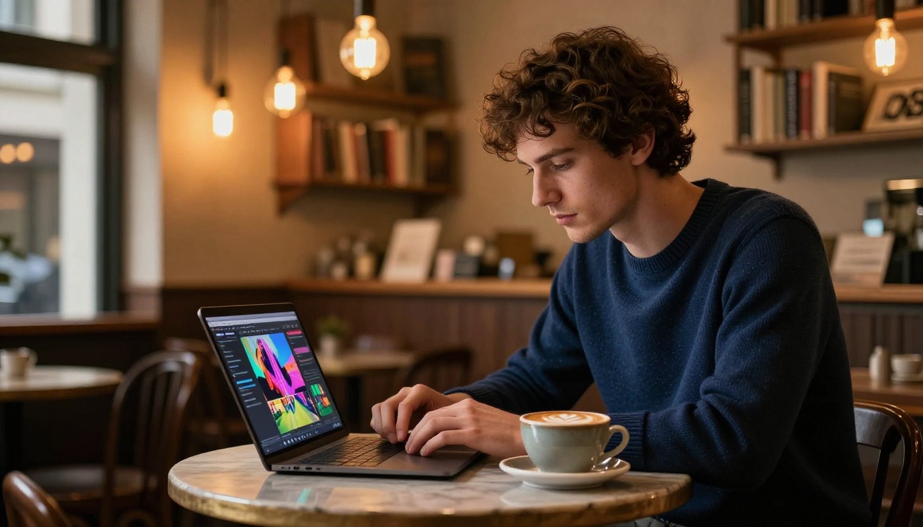 A man with curly hair deeply focused on a laptop in a cozy coffee shop with a cappuccino beside him
