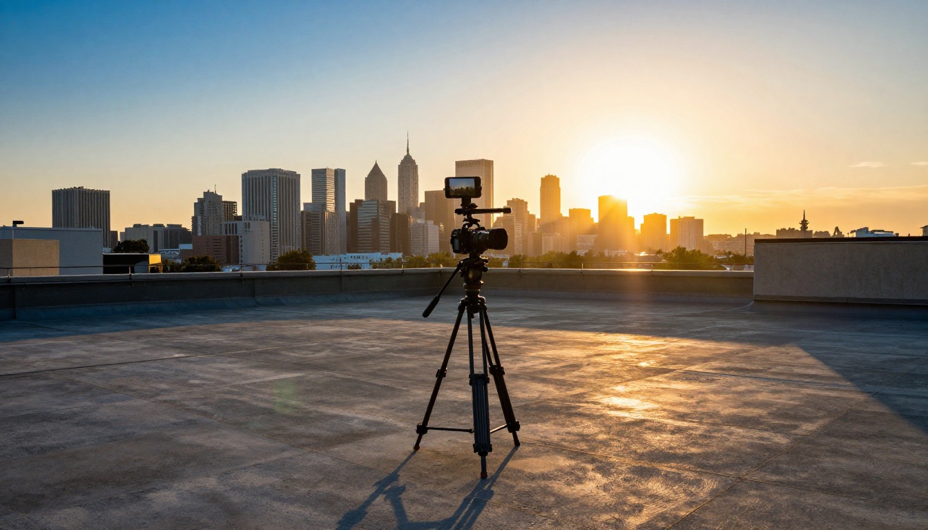 Content creator with camera rig on urban rooftop at golden hour