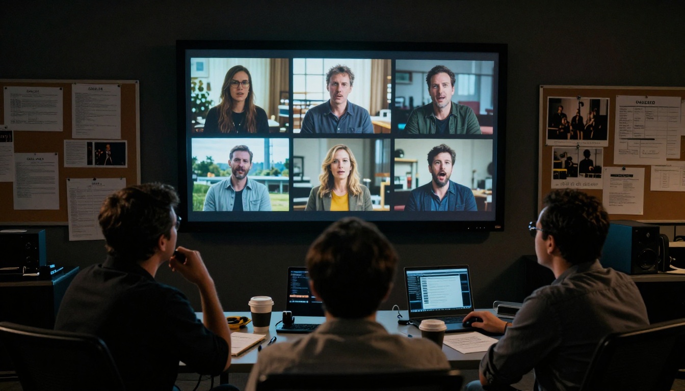 Three filmmakers collaborating around a large studio monitor in a dim production office