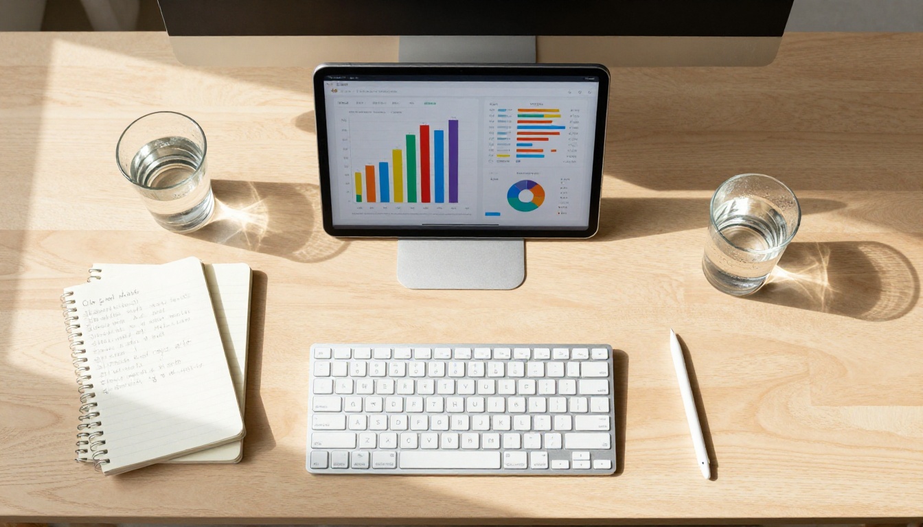 Social media analytics and performance metrics on tablet flat-lay