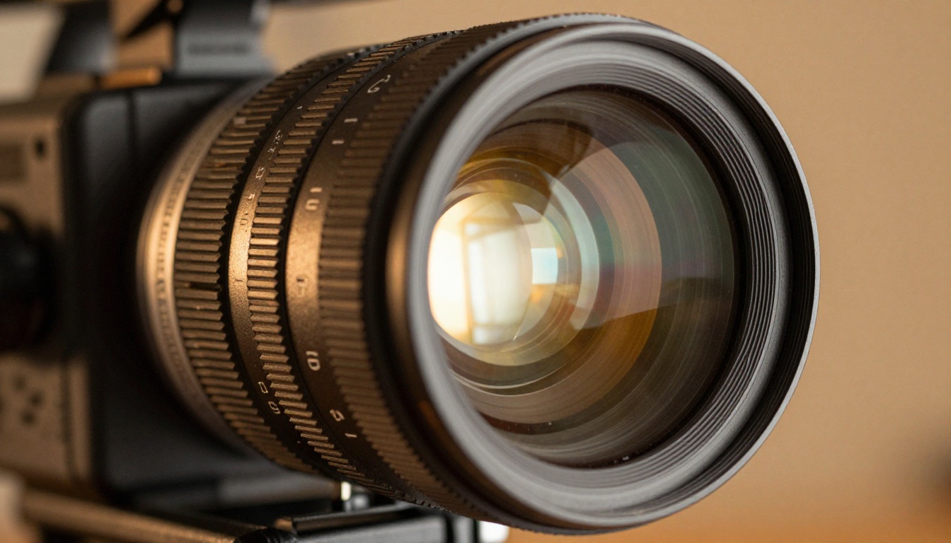 Close-up of a professional cinema camera lens showing glass elements and machined aluminum barrel texture