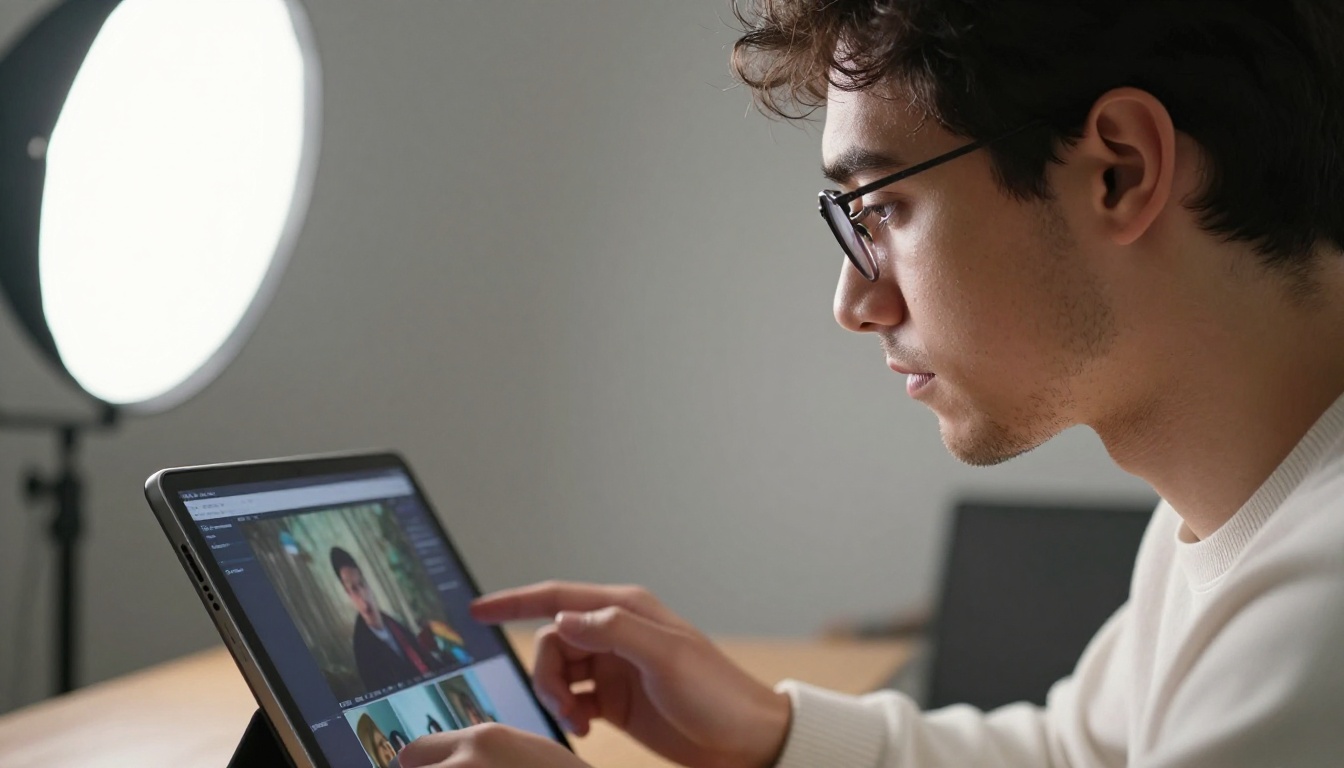 Young man reviewing AI-generated video on tablet in home studio