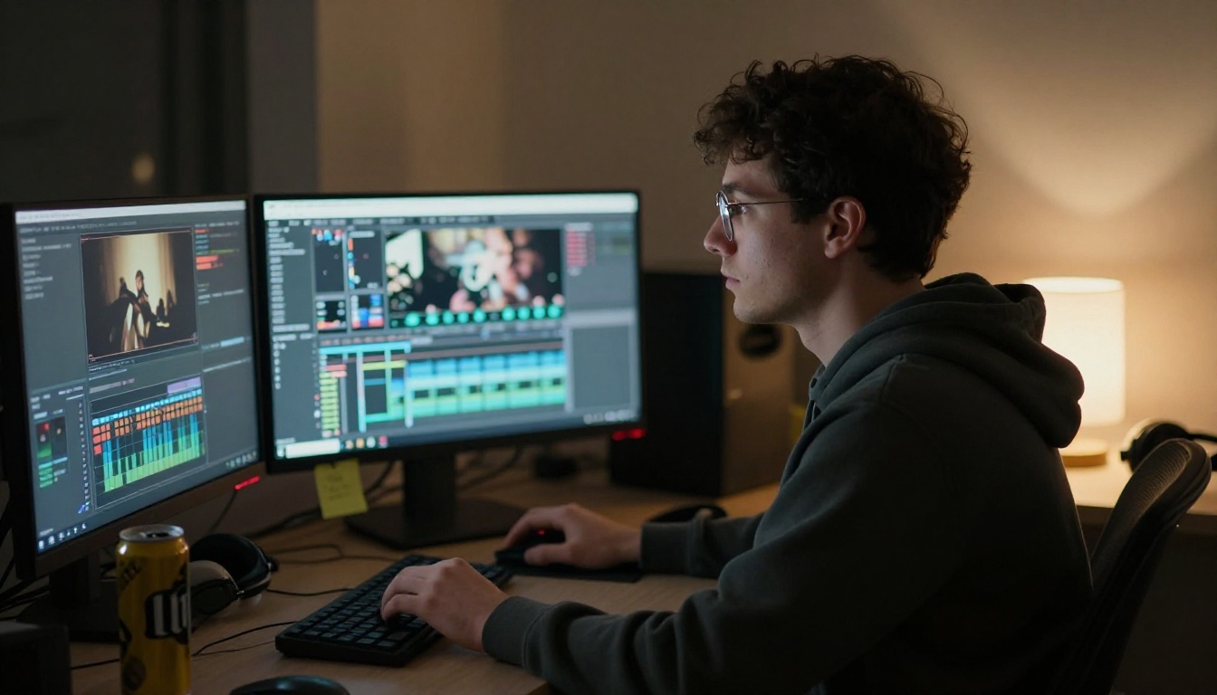Professional video editor working at editing workstation with multiple monitors