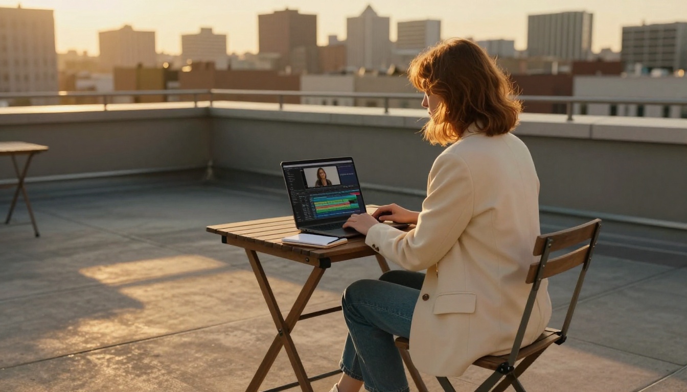 A woman with auburn hair working on a laptop at a rooftop terrace bathed in golden hour light