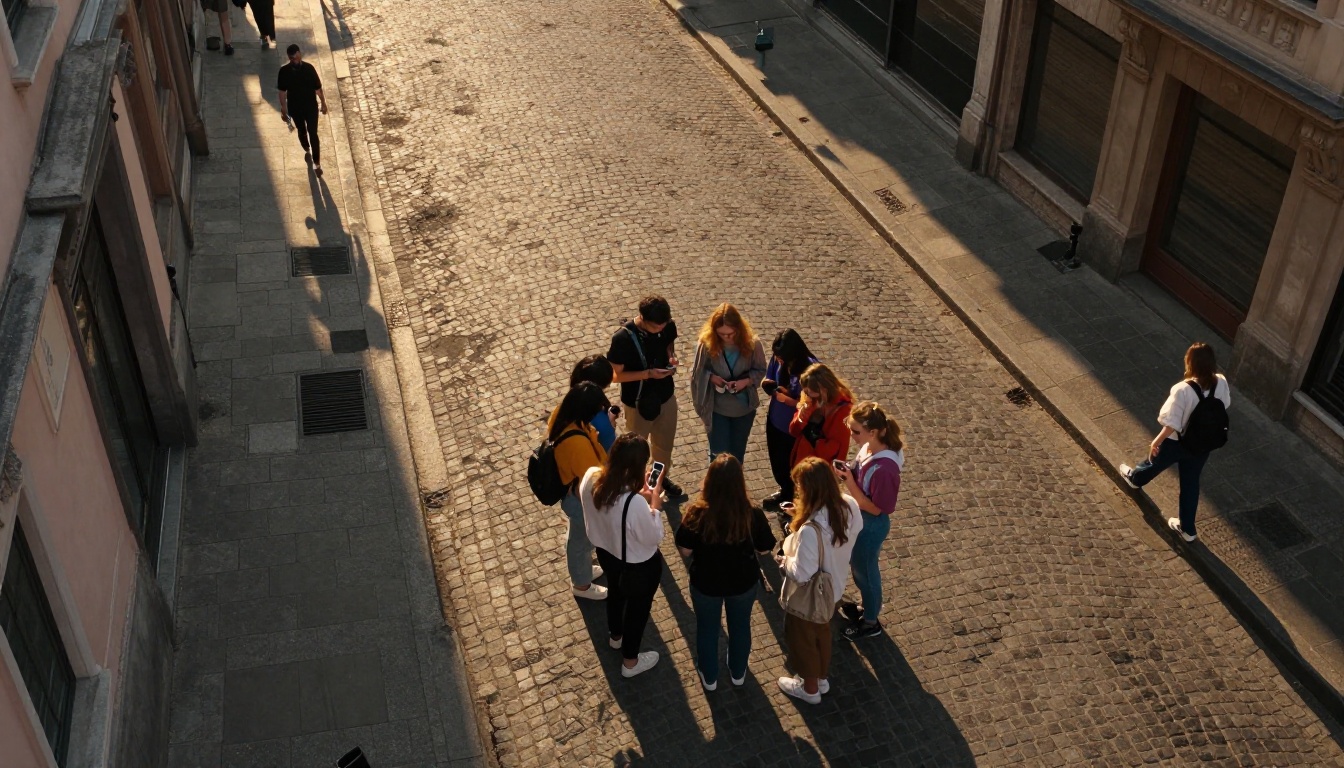 Aerial view of a group of people watching social video content on a phone