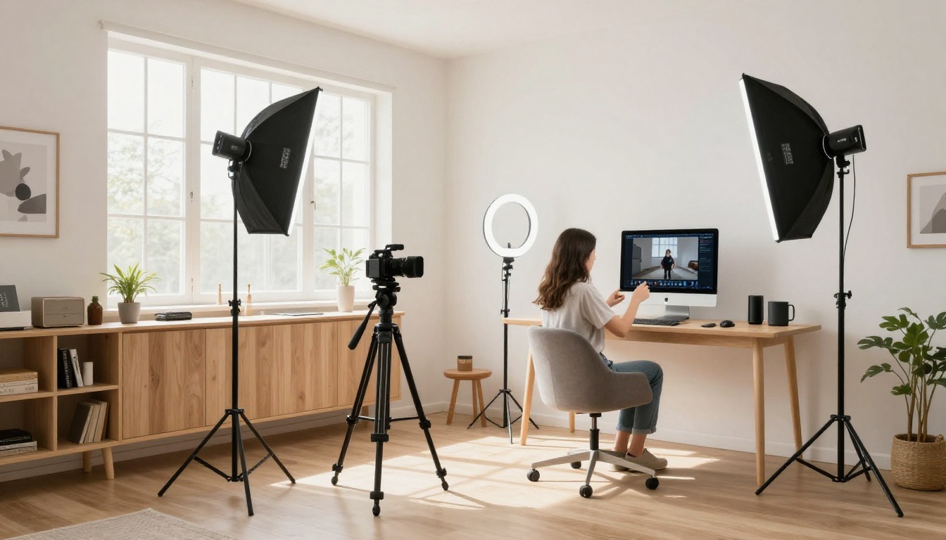 Modern content creator home studio setup wide angle shot
