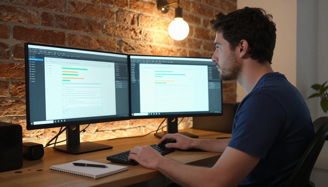 Creator at AI video generation dual monitor setup
