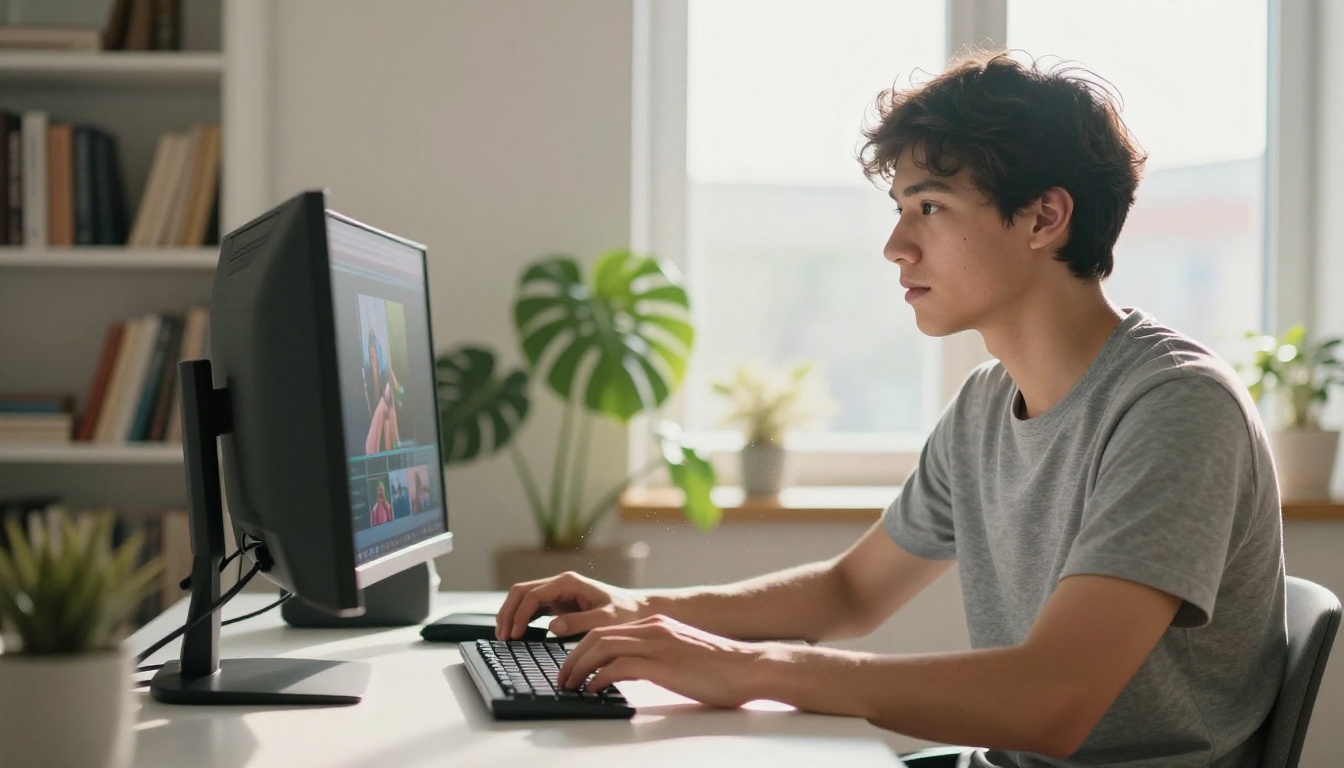 A content creator reviewing AI video outputs on a widescreen monitor in a bright, sunlit apartment room with natural window light