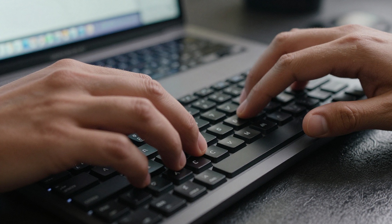 Close-up of hands typing on a mechanical keyboard with a laptop screen reflected faintly on the polished dark desk surface below, sharp key textures visible