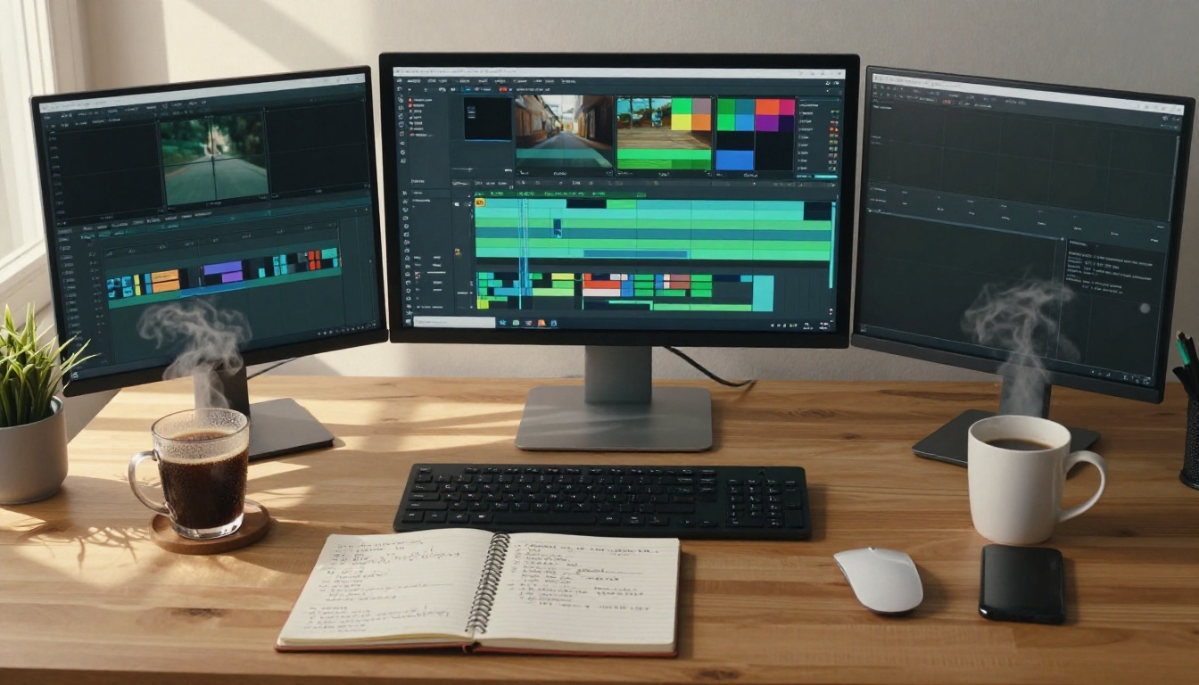 Aerial top-down view of a creative professional's organized workstation with a monitor, notebook, coffee mug, and keyboard on a wooden desk