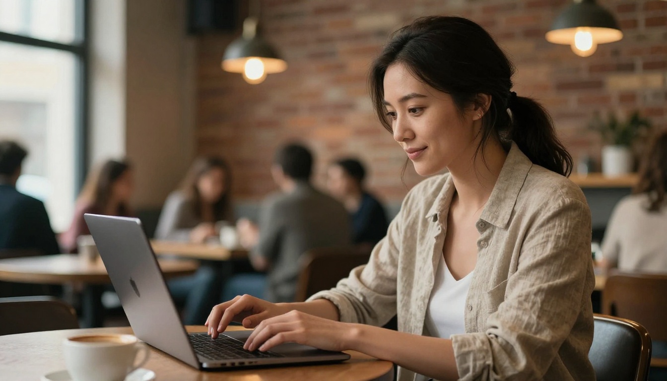 A female creative director reviewing AI video generation results on a MacBook Pro in a warm cafe with blurred bokeh background of other patrons