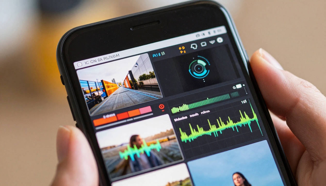 Close-up of a smartphone showing an AI video editing timeline