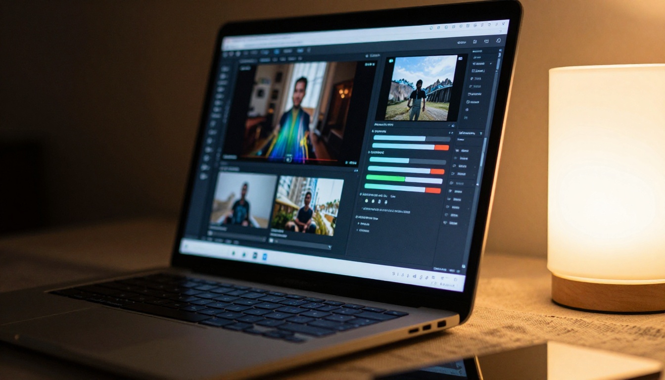 Close-up side profile of a laptop screen displaying an AI video generation interface with amber desk lamp lighting creating strong contrast