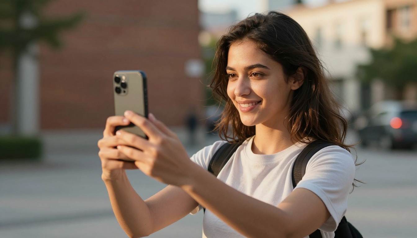 Woman filming herself outdoors for social media content