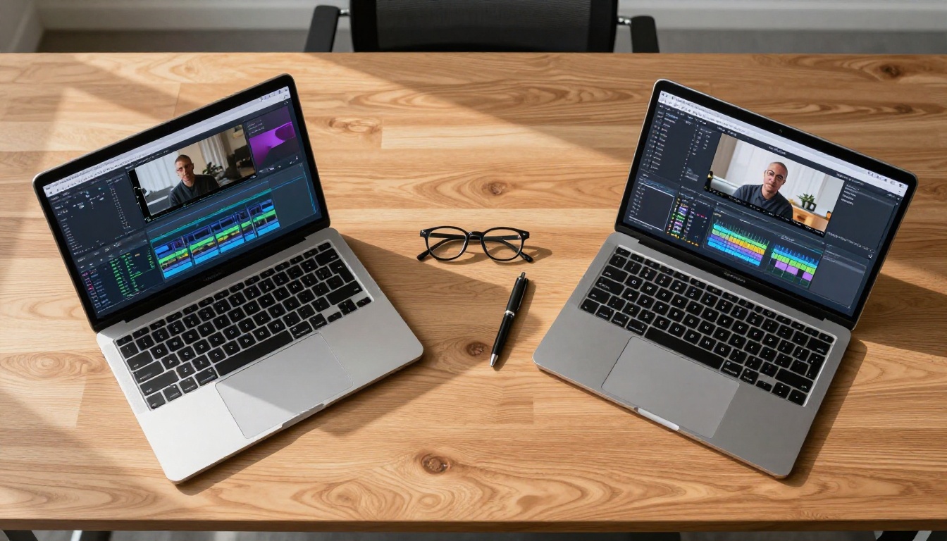 Two laptops on a desk showing video editing interfaces for comparison