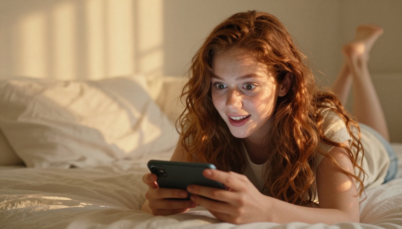 A young woman lying on bed watching AI video content on a smartphone with dappled golden afternoon light through sheer curtains
