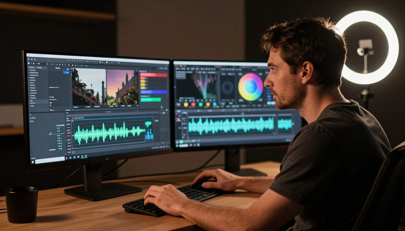 Professional video editor working at dual monitors with color grading