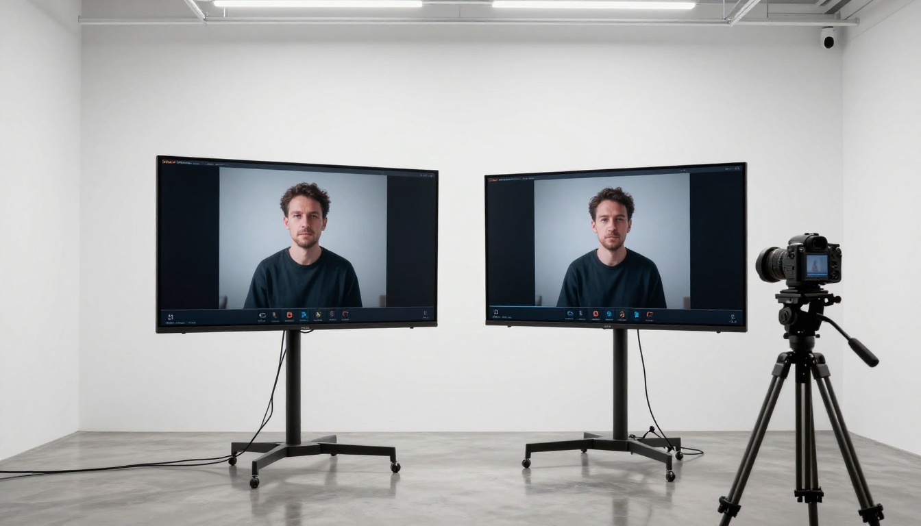 Two large professional monitors mounted on a white wall in a photography studio, each displaying different AI video outputs with controlled studio lighting