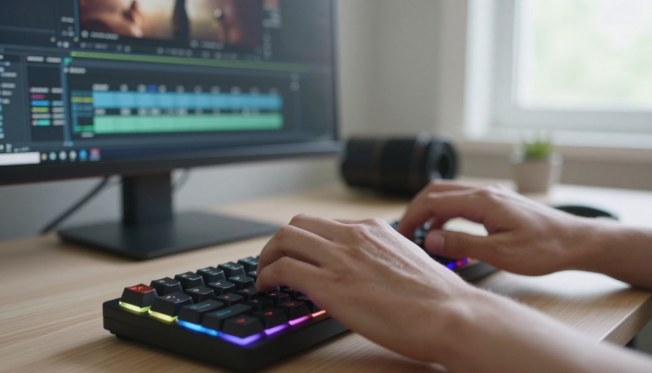 Creator's hands typing on keyboard with video editing on monitor in background