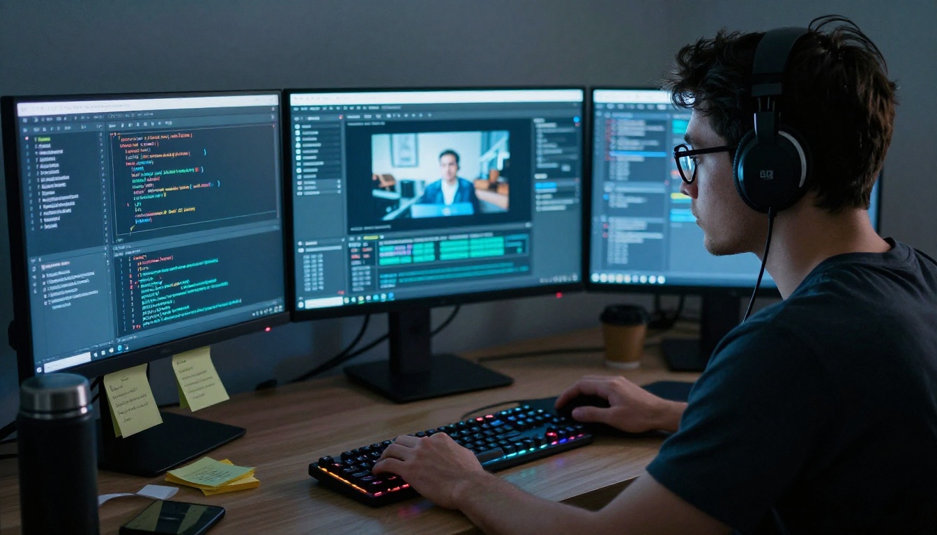 A male developer at a triple monitor setup in a dark home office at night, screen glow illuminating his face while reviewing AI video generation output