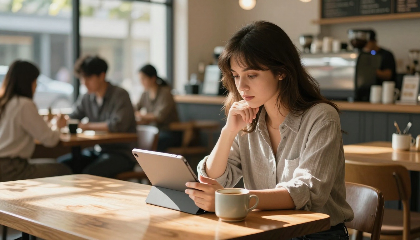 Young woman reviewing video on a tablet in a bright coffee shop