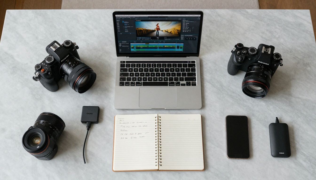 Aerial flat lay of a complete video production workspace with camera and laptop