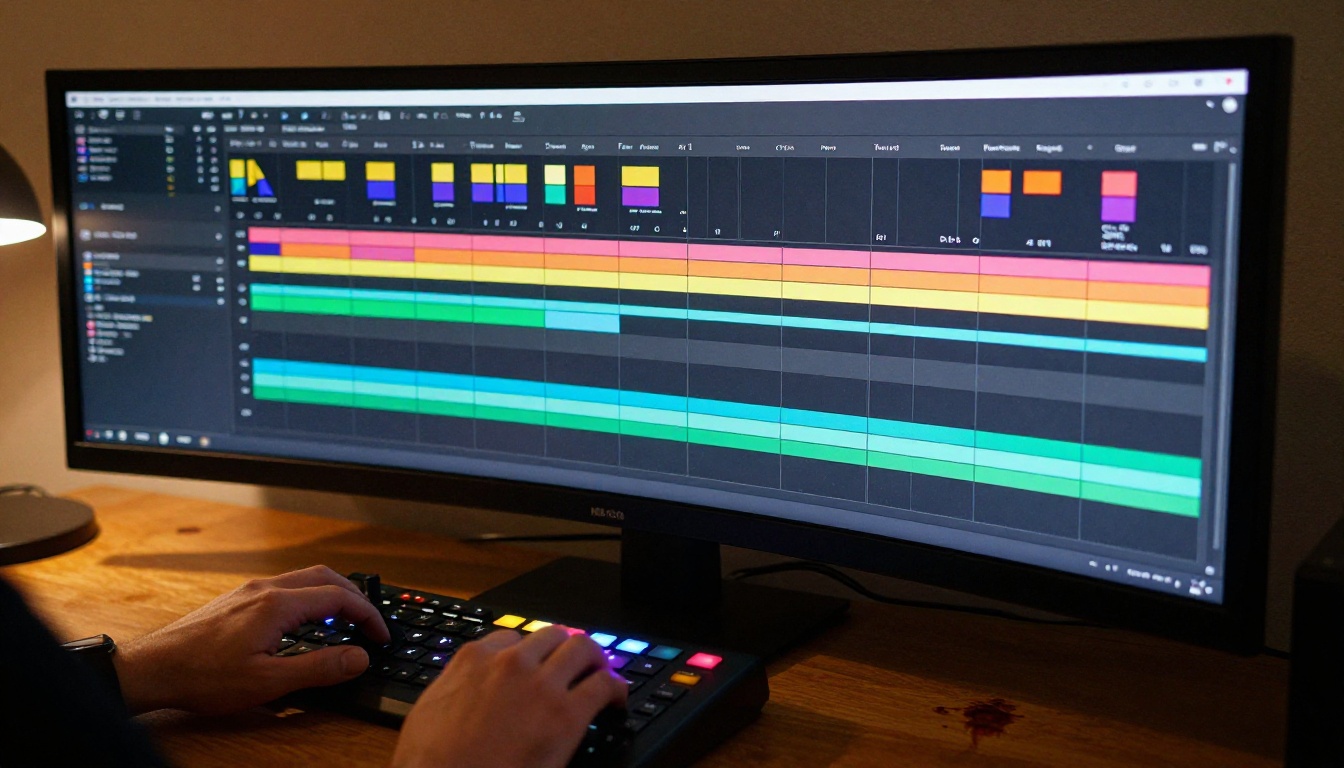 Close-up of a professional video production timeline on a curved monitor with hands on a color grading controller and warm amber desk lamp light