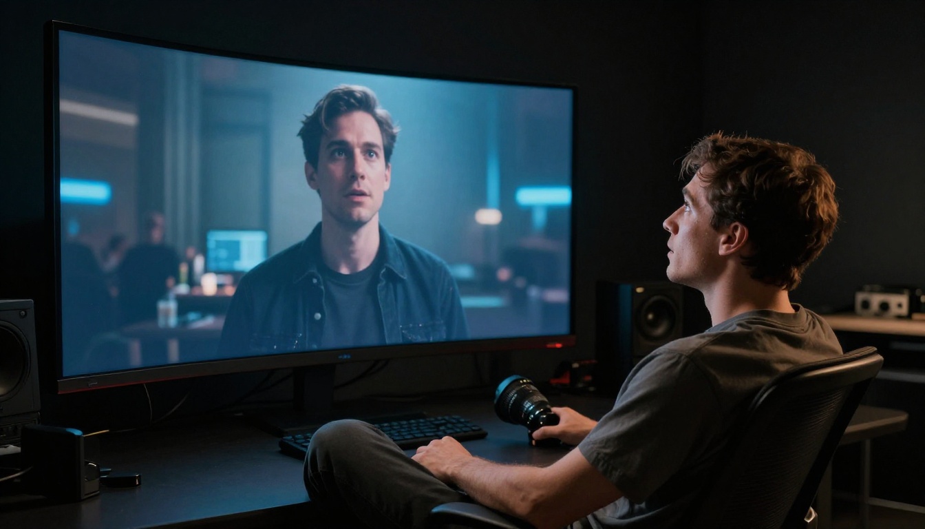 Man watching cinematic video on a large monitor in a dark studio