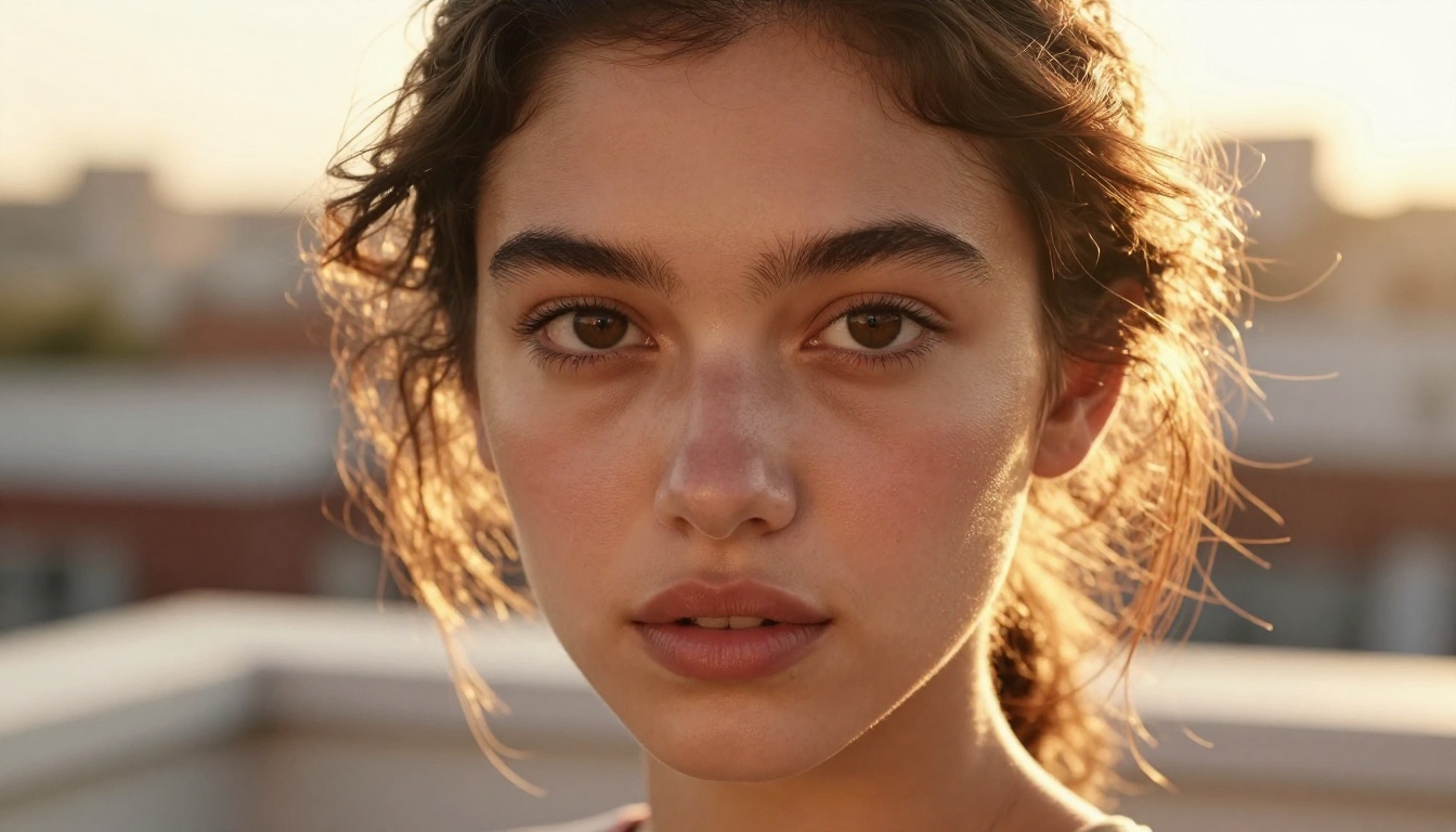 Photorealistic golden hour portrait woman rooftop bokeh city
