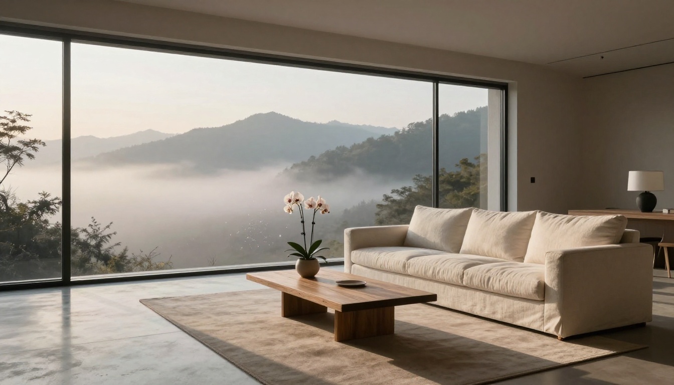 Luxury minimalist interior mountain view dawn soft shadows concrete floor