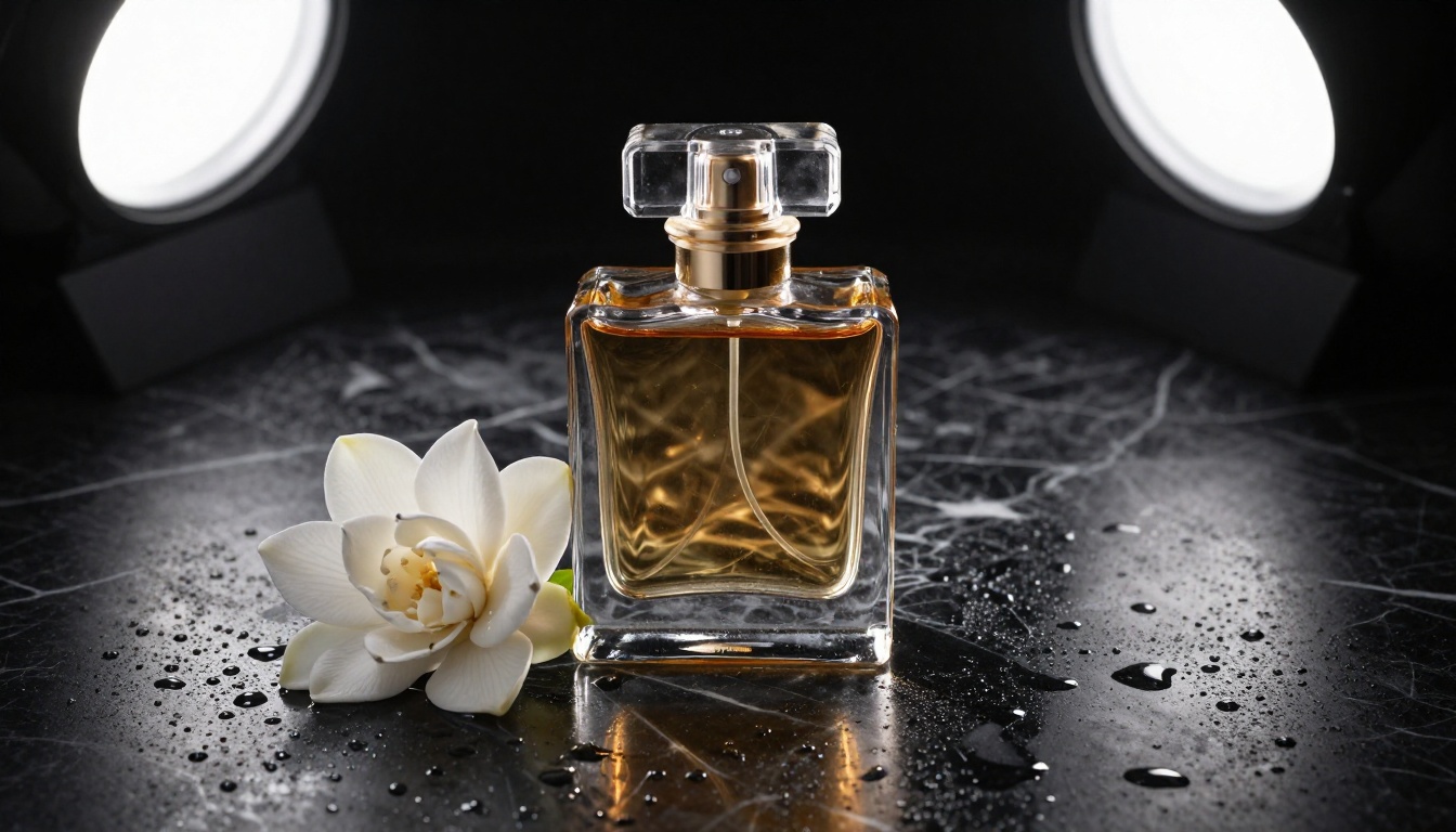 Perfume bottle product photography wet black marble specular studio lighting