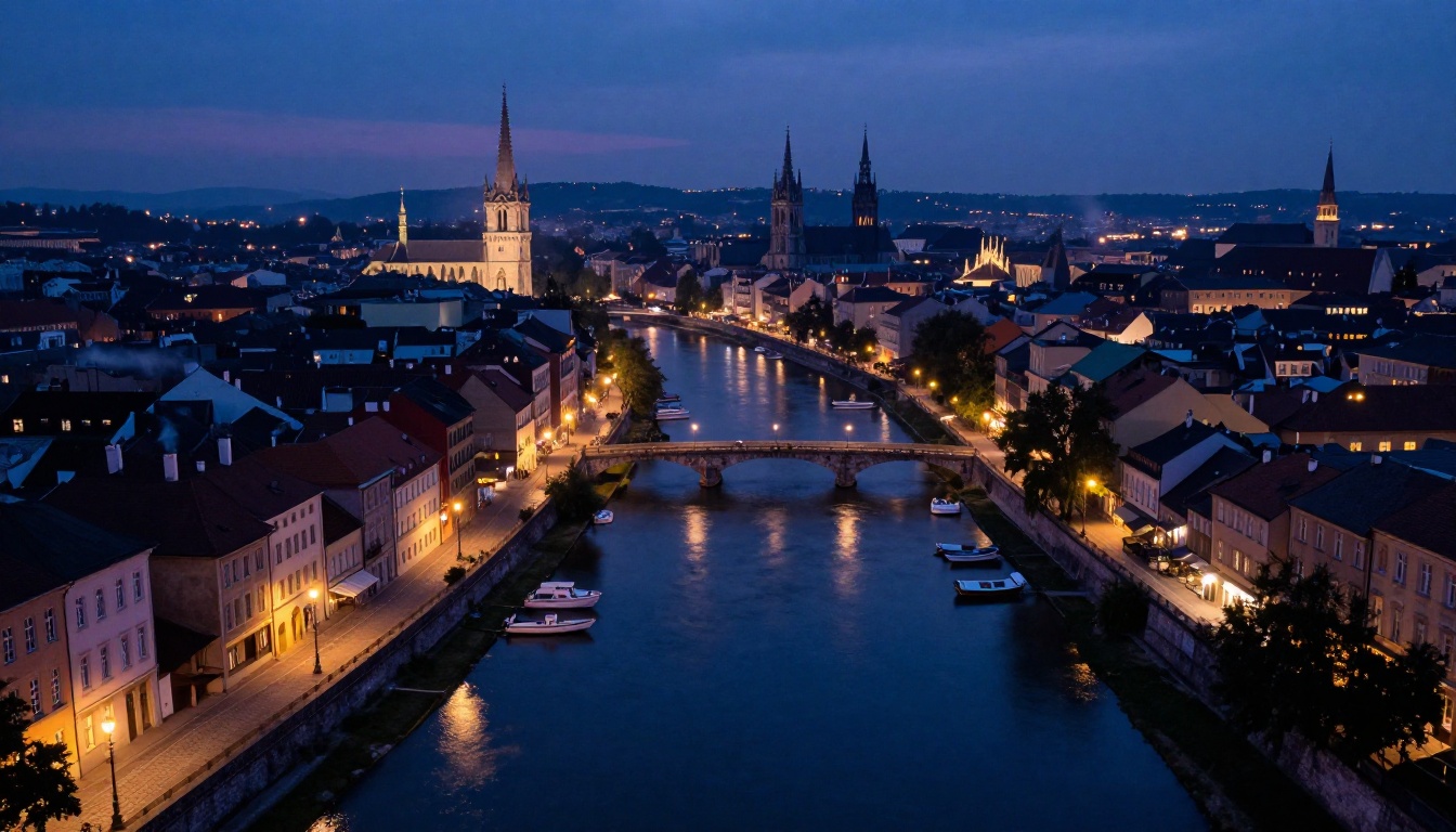 Aerial European city river blue hour long exposure night reflections Velvia