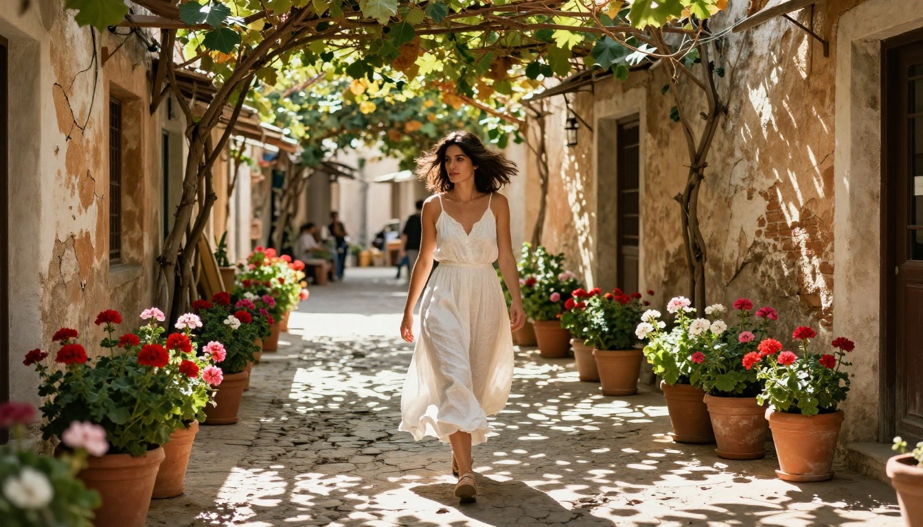 Mediterranean market alley woman white linen dress dappled light cobblestones