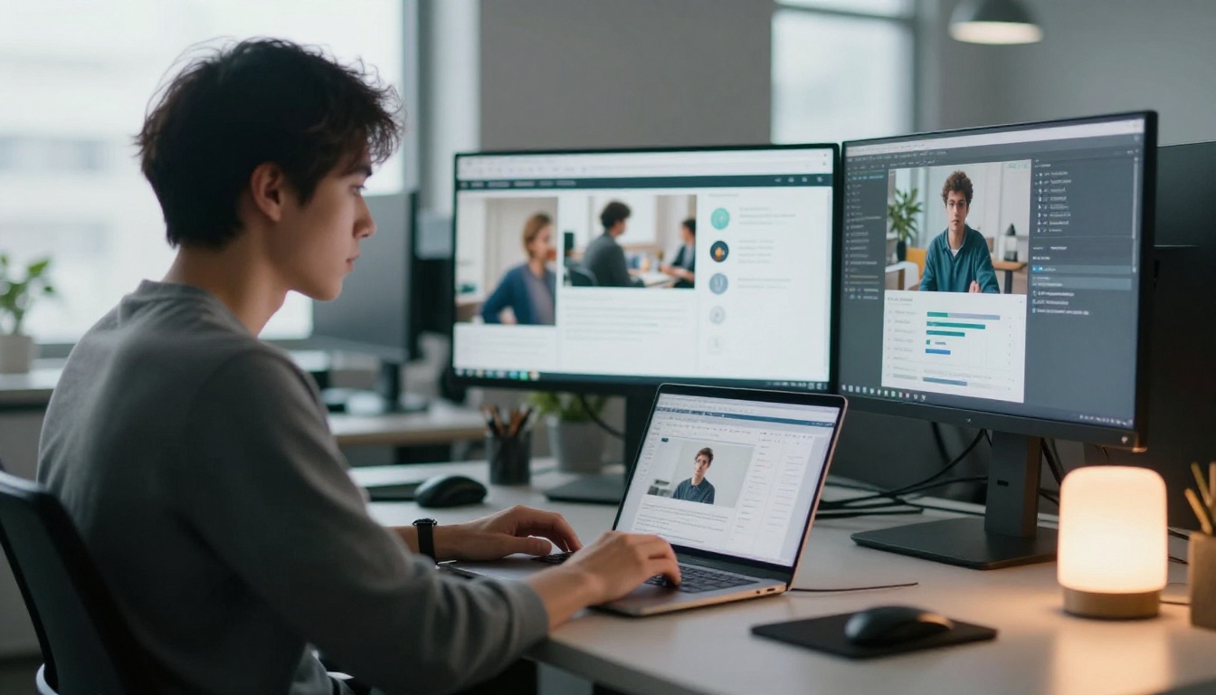 Data scientist standing desk dual screen AI image output comparison office