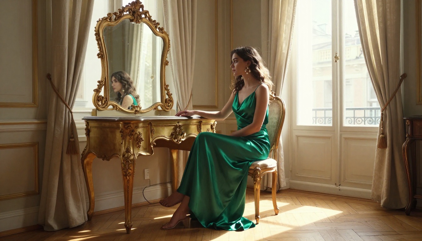 Woman emerald silk dress Parisian apartment baroque mirror window afternoon light
