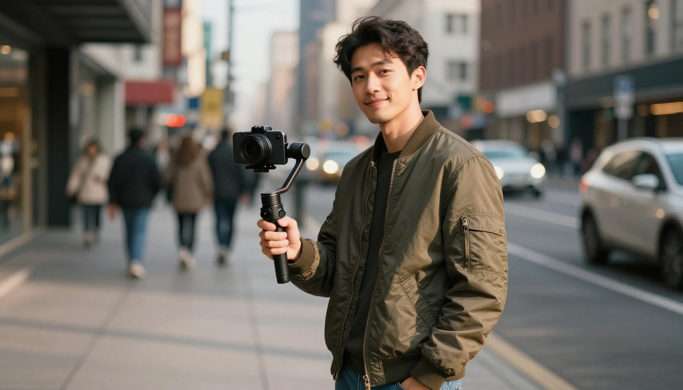 Content creator filming short-form video on urban street