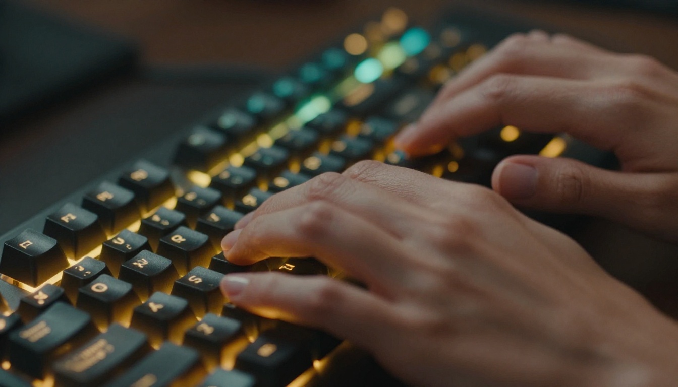 Hands typing a video generation prompt on mechanical keyboard
