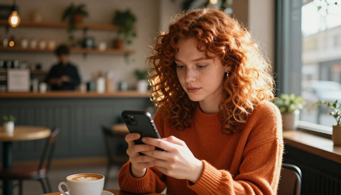Woman at café reviewing short video clips on phone