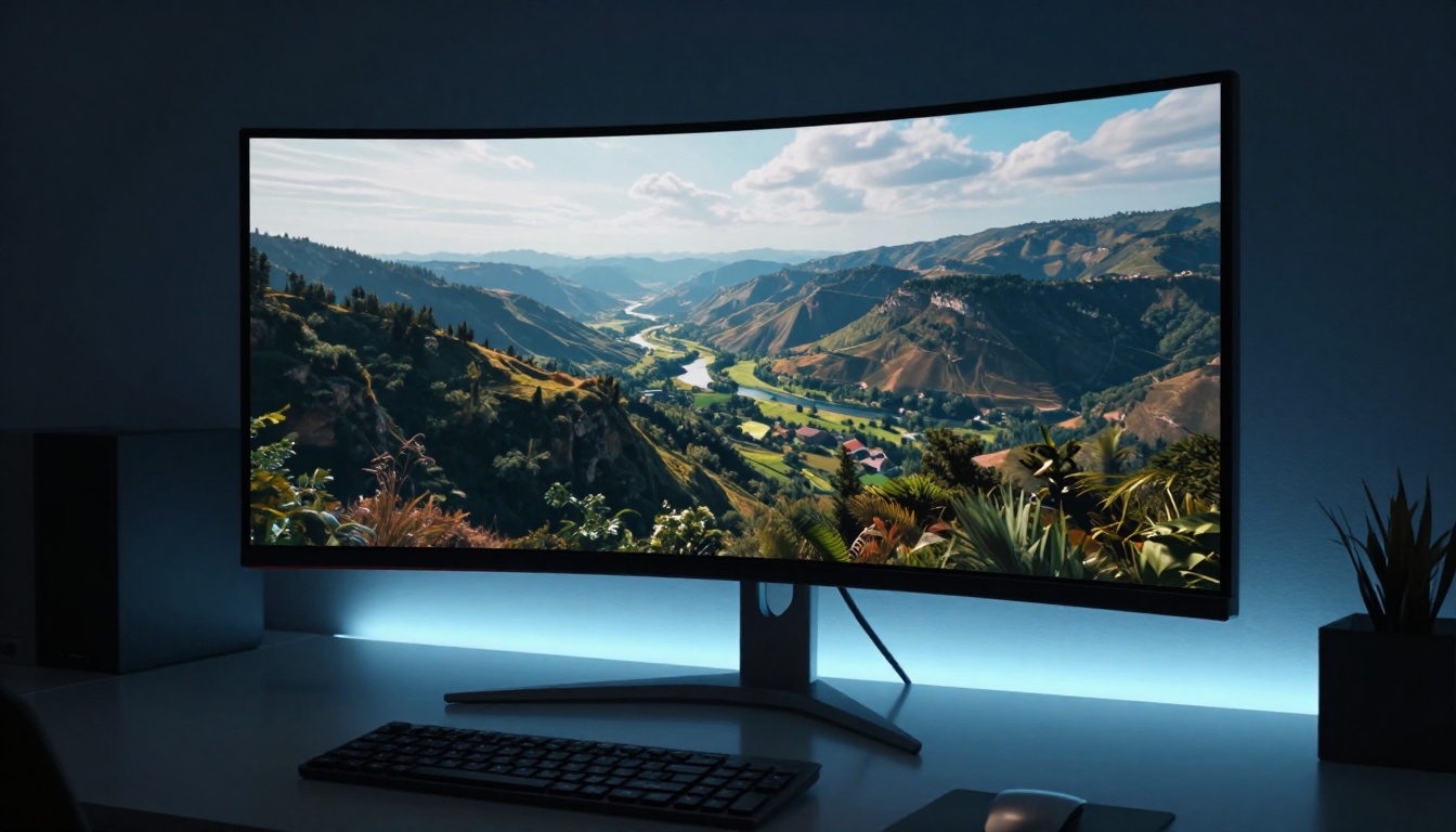 Large 4K curved monitor displaying cinematic AI video output in dark modern office
