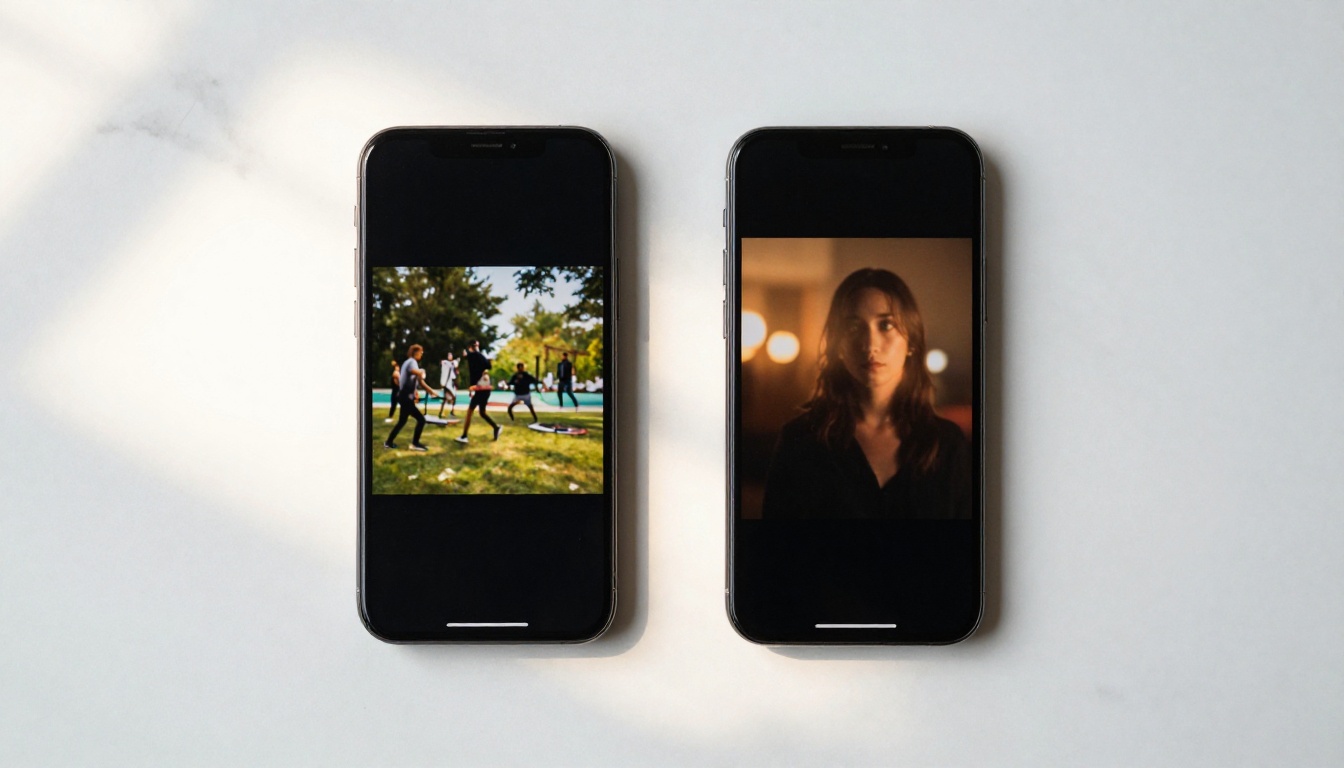 Two smartphones side by side showing different video comparison frames