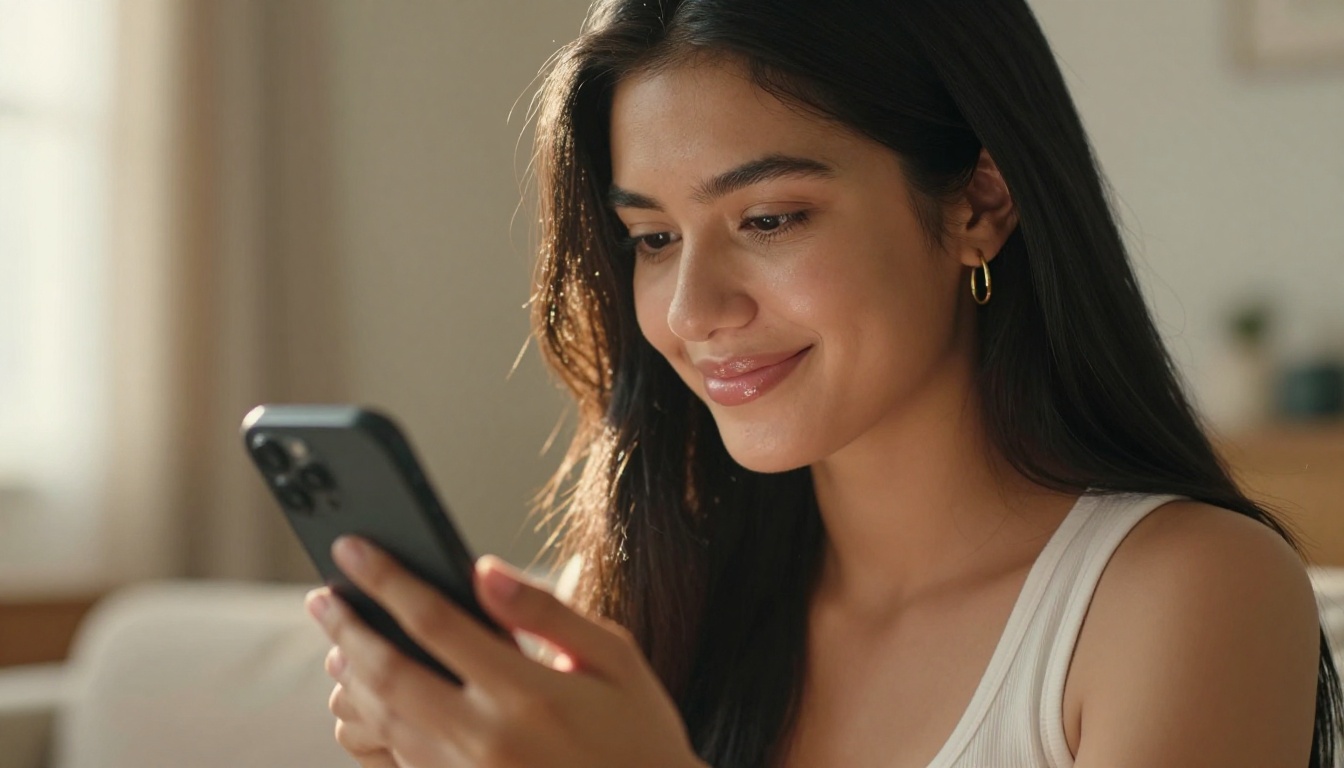 Young Latina woman smiling at phone reviewing AI video results