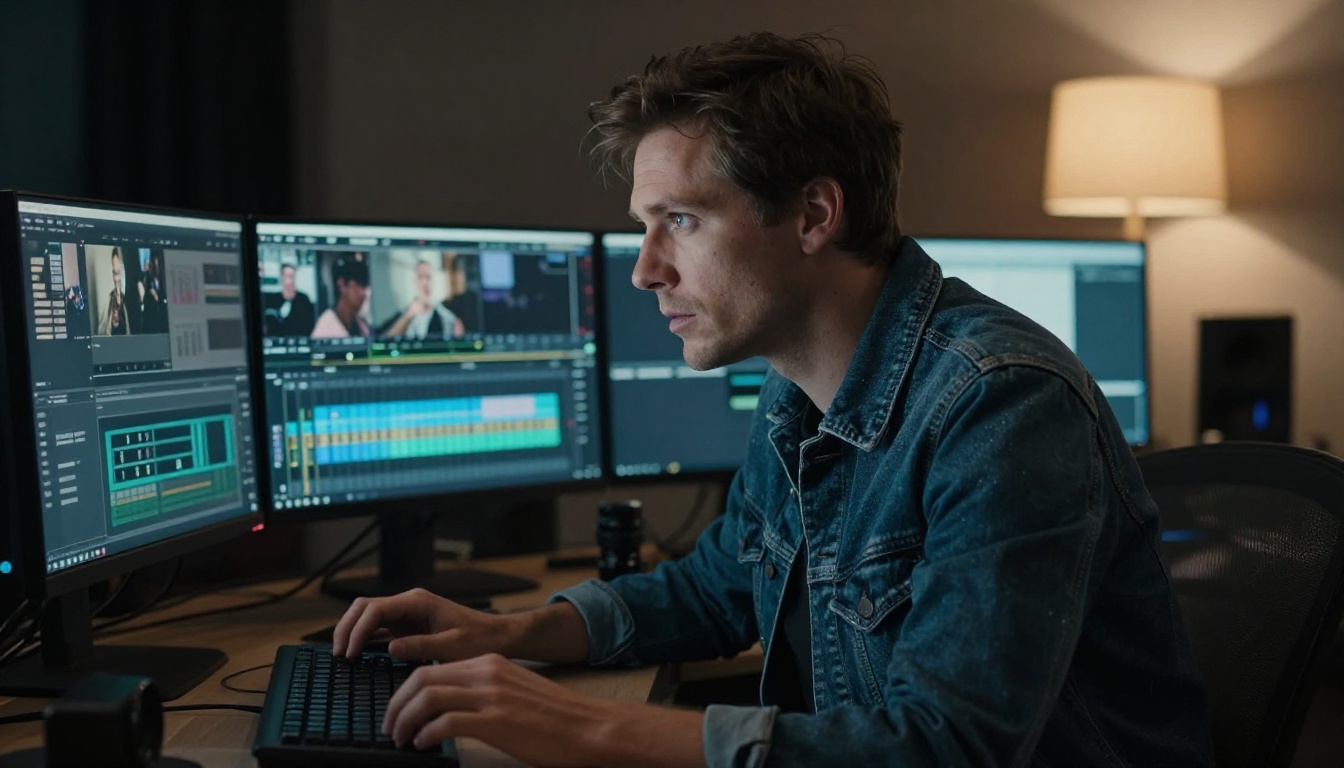 Filmmaker reviewing cinematic video playback in post-production studio