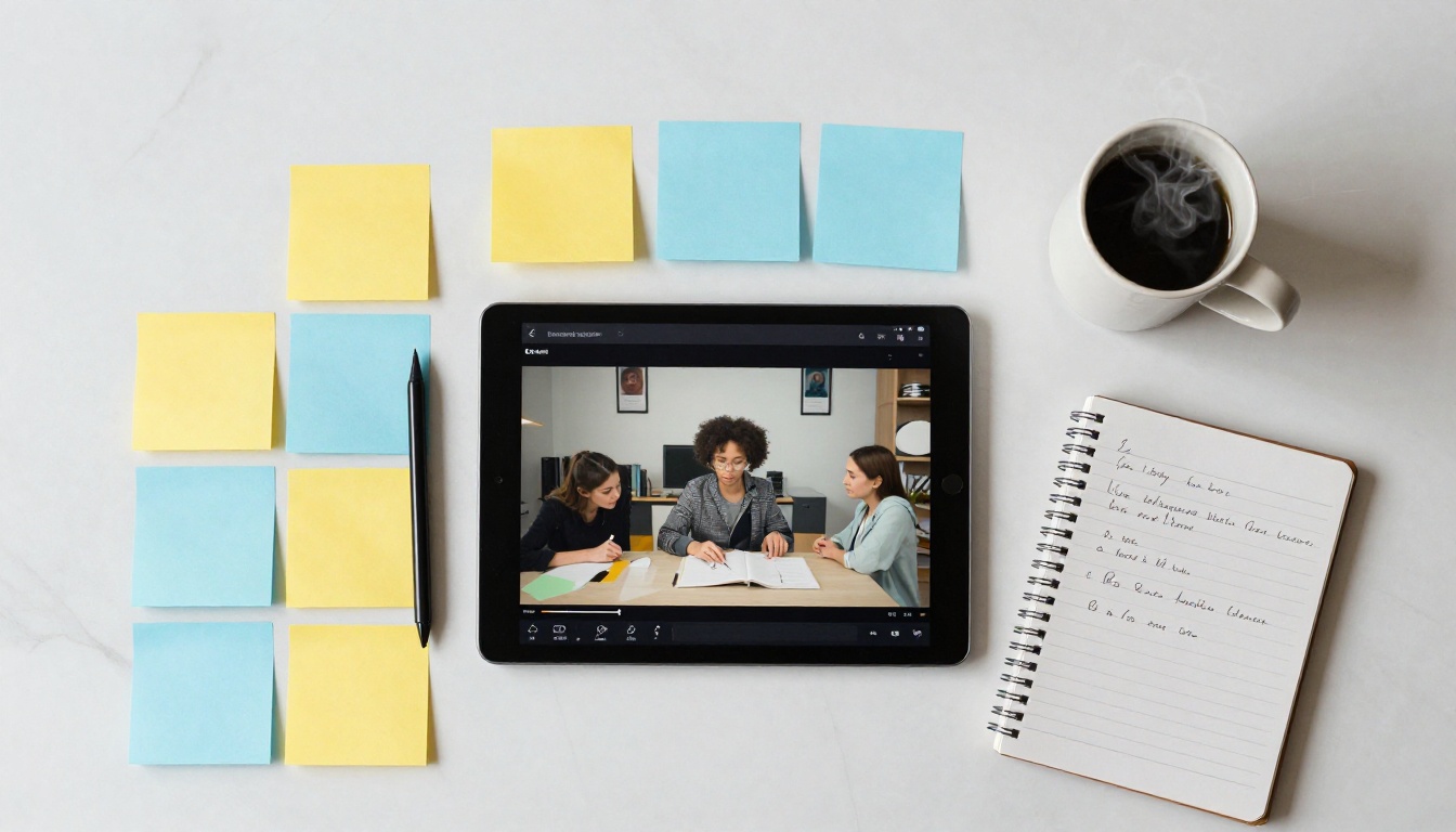 Creative workspace flat lay with video generation interface on tablet