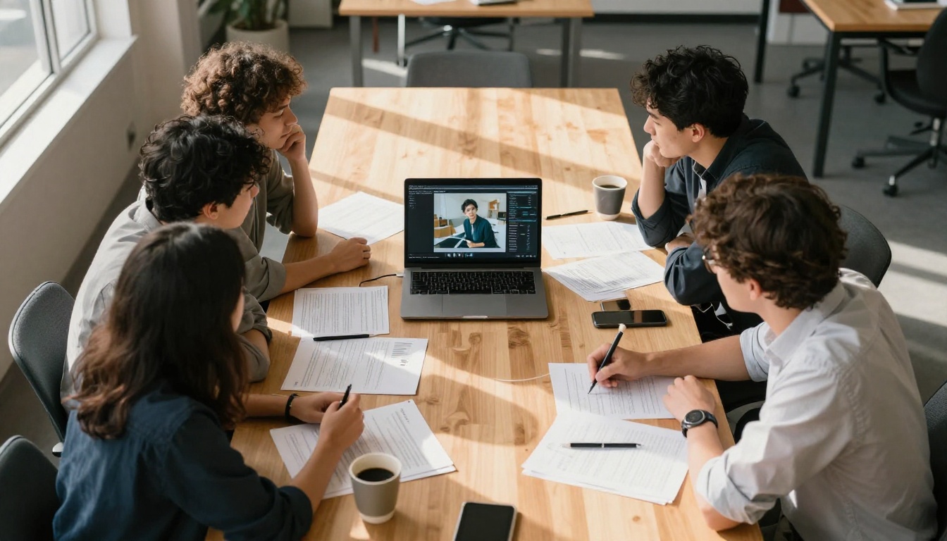 Team gathered around laptop reviewing AI video comparison results overhead view