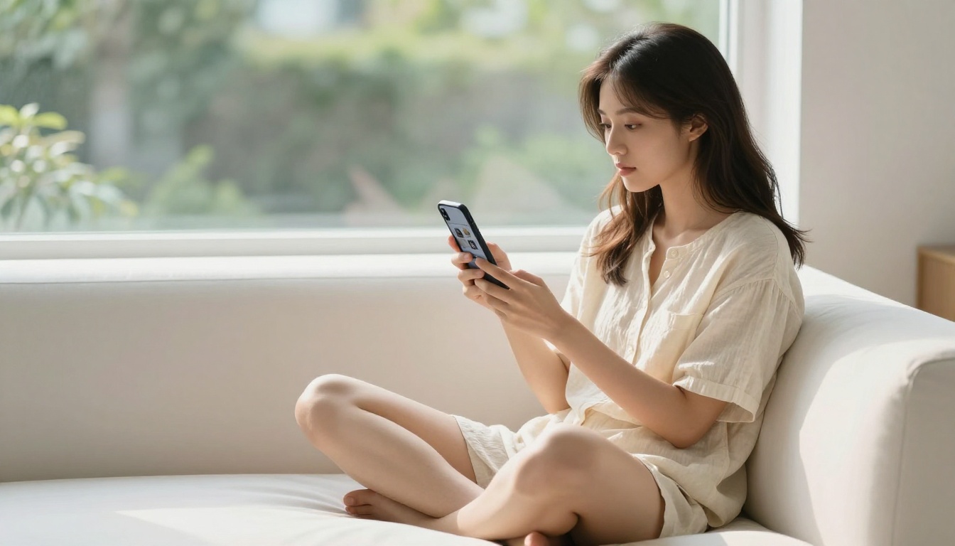Young woman on couch reviewing AI video comparison on smartphone