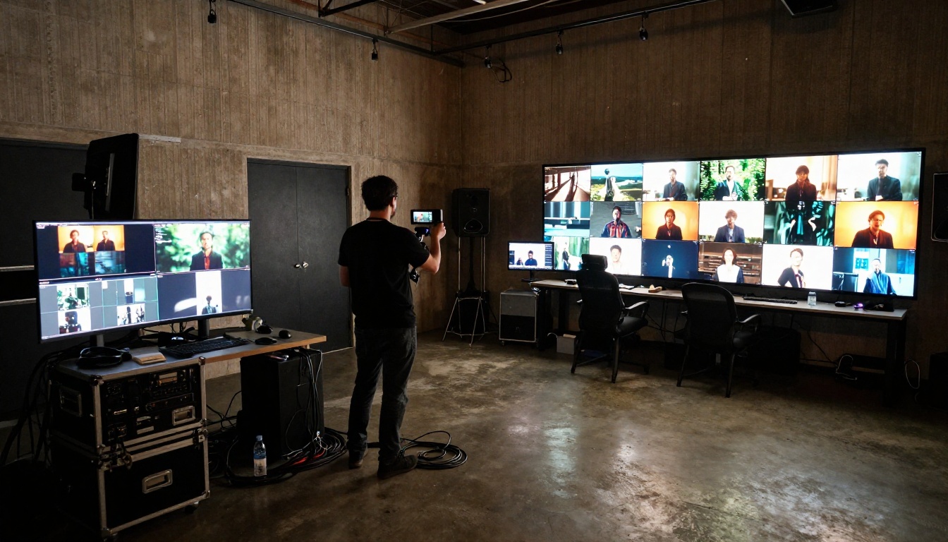 Professional video production studio interior with multiple monitors