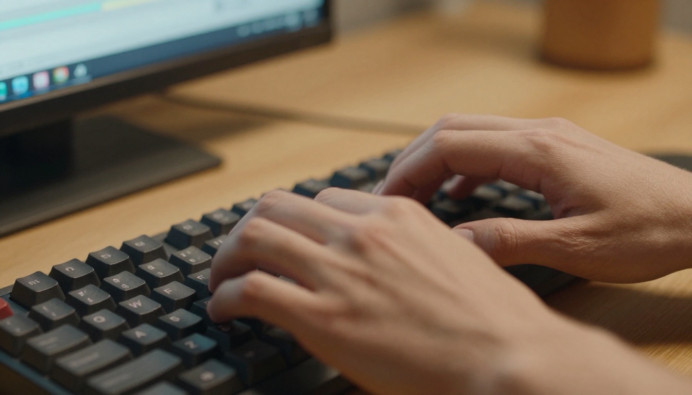 Hands actively typing on mechanical keyboard for video prompt creation