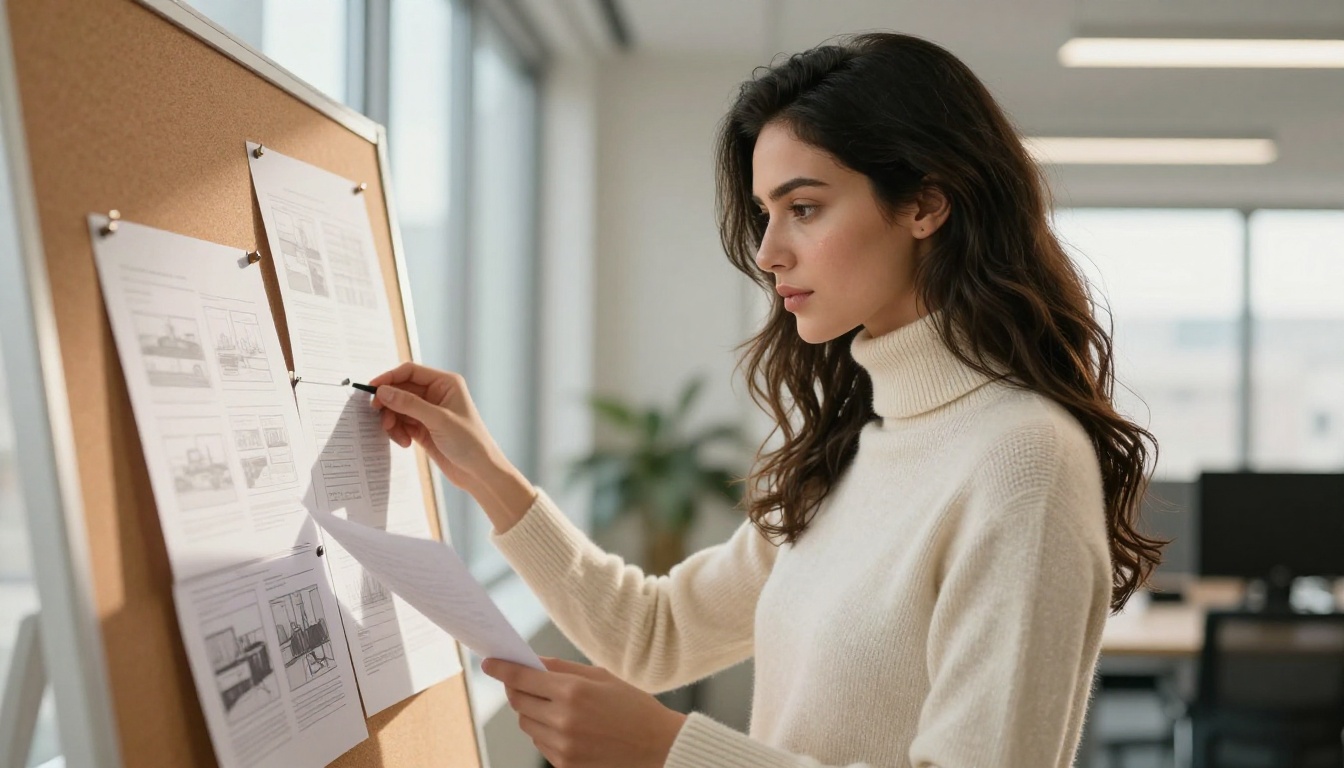 Stylish woman reviewing video storyboard in bright modern office
