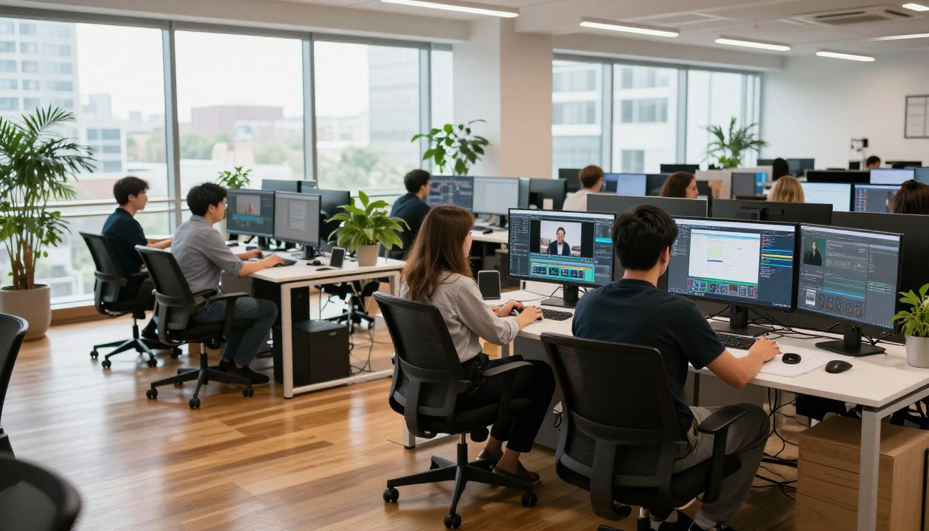 Creative agency open workspace with team members at standing desks