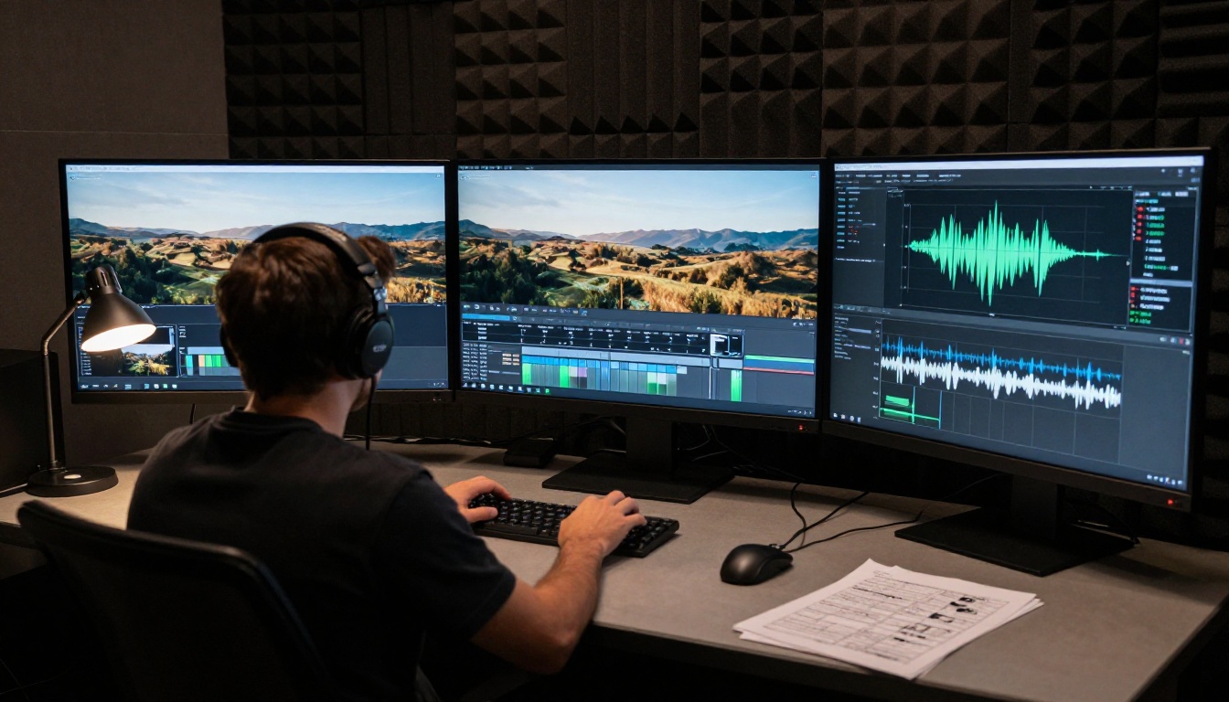 Professional filmmaker reviewing AI-generated video in a post-production studio